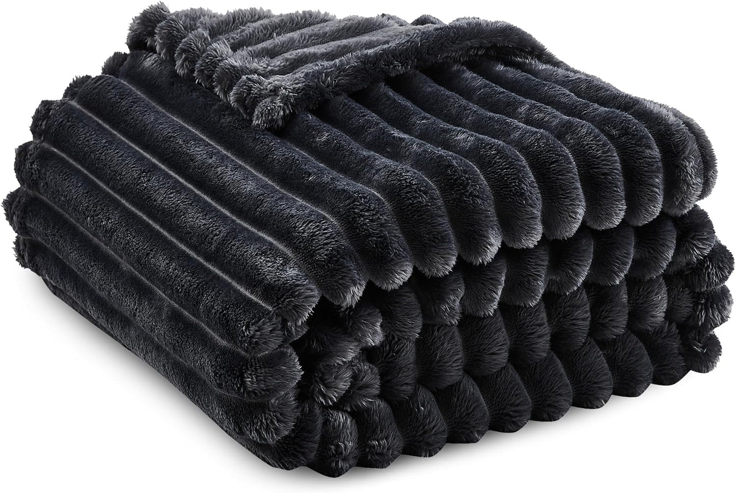 Skiennix Super Soft Queen Blanket - Premium Silky Flannel Fleece, 3D Striped Jacquard Design, 90x90 Inches, Dark Grey