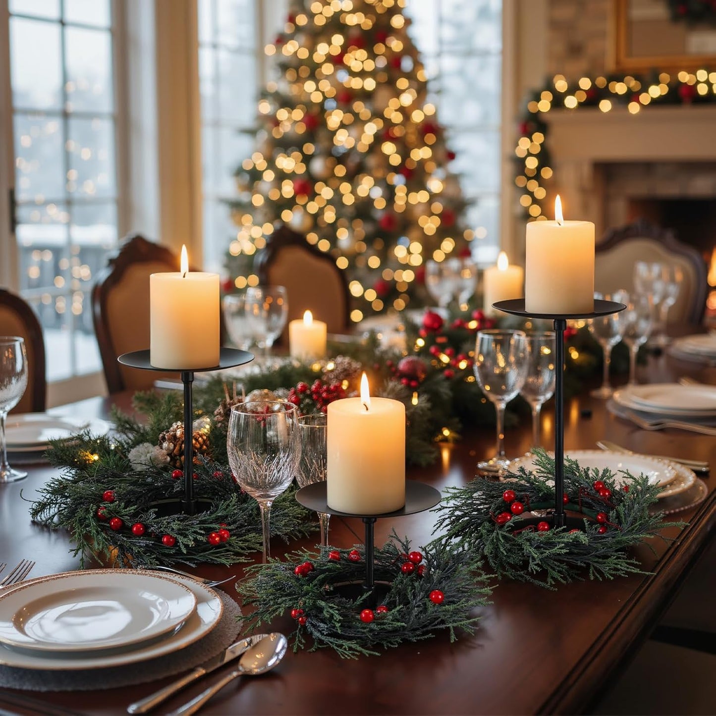 Baderke Christmas Candle Holders Set - 3 Sizes with Artificial Wreath & Red Berry Pine Garland Decor