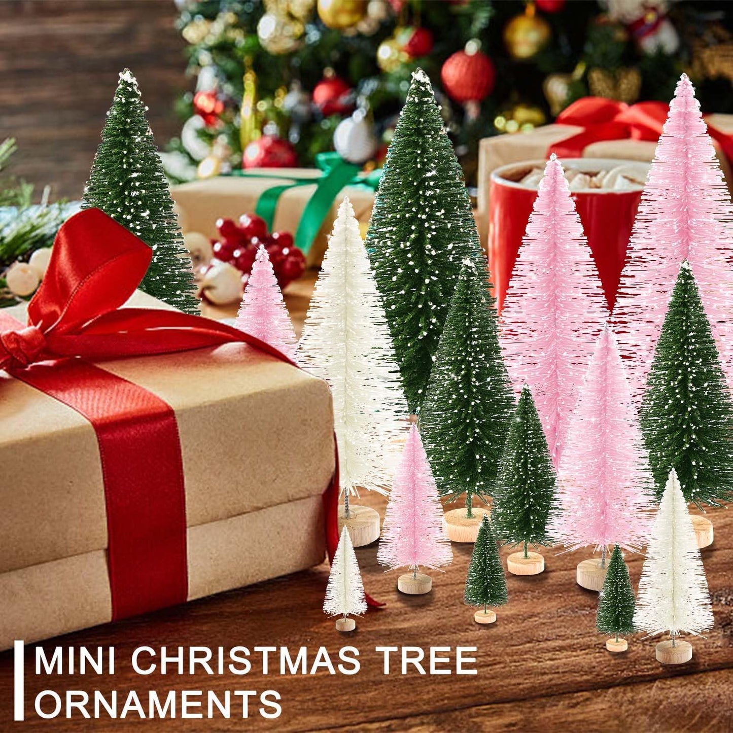 Skiennix 30Pcs Mini Christmas Trees - Artificial Bottle Brush Trees with Wooden Base | Festive Home Decor