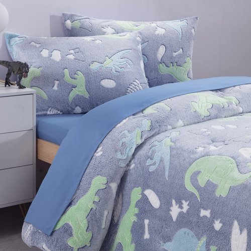 HOMBYS Glow in The Dark Comforter Set 7 Piece Full with Sheets, Blue Dinosaur Velvet Bedding Comforter Sets for Twin Bed, Ultra Soft Down Alternative Comforter for Boys Kids, Bed in a Bag