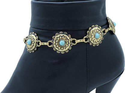 TrendyFashionJewelry | Women's Western Bohemian Boot Chain Bracelet Anklet - Antique Gold with Blue Flower Charm