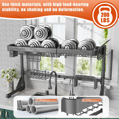 ZDRongZhen Over The Sink Dish Drying Rack,3 tier Full 304 Stainless Steel dish Drainer rack,Adjustable Length (22.8''~35.04'') Kitchen Storage Counter with Cup Hanging Set and Hook (Dark grey-2Tier)