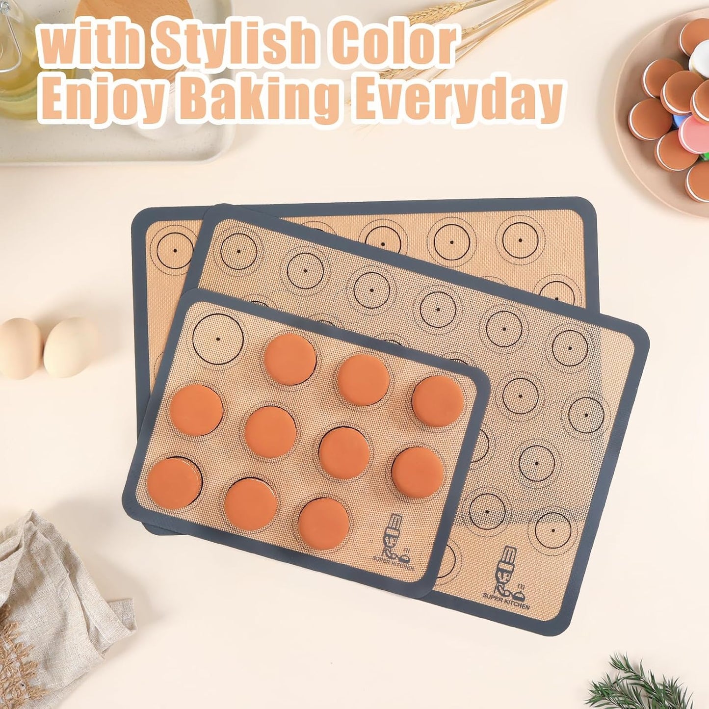 Silicone Baking Mat Macaron - Non-Stick Set of 3 Half & Quarter Sheet Liners | 16.5x11.6, Grey