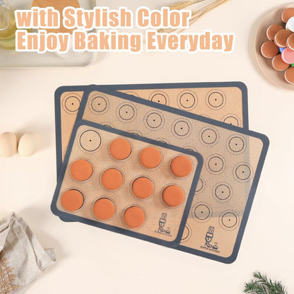 Silicone Baking Mat Macaron - Non-Stick Set of 3 Half & Quarter Sheet Liners | 16.5x11.6, Grey