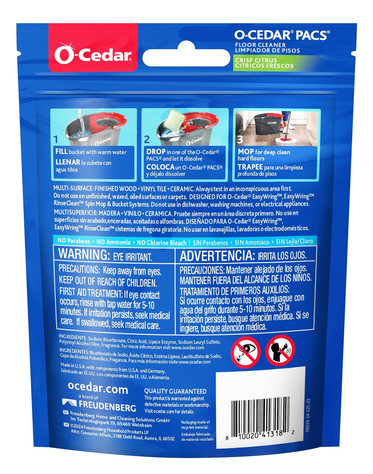 O-Cedar PACS Hard Floor Cleaner, Crisp Citrus Scent 10 Count (1-Pack) | Made with Naturally-Derived Ingredients | Safe to Use on All Hard Floors | Perfect for Mop Buckets