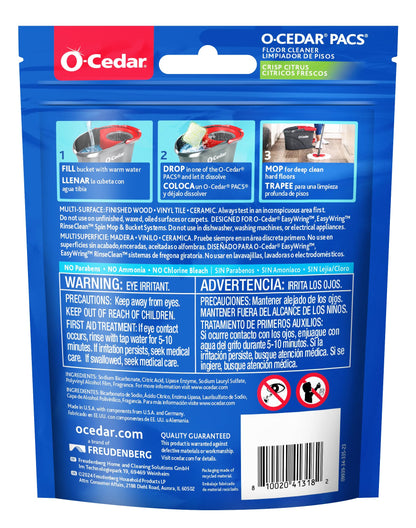O-Cedar PACS Hard Floor Cleaner, Crisp Citrus Scent 10 Count (1-Pack) | Made with Naturally-Derived Ingredients | Safe to Use on All Hard Floors | Perfect for Mop Buckets