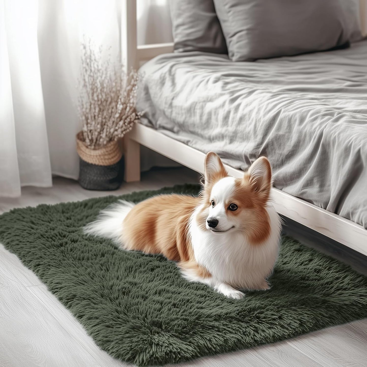 OLANLY Soft Fluffy Shaggy Bedside Rug - 2x3 Machine Washable Indoor Carpet in Olive Green