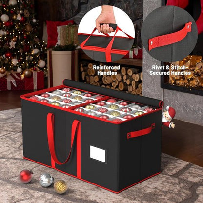 Kesfitt Christmas Ornament Storage Box - Large Organizer with 8 Trays & Dividers for 128 Ornaments | Black