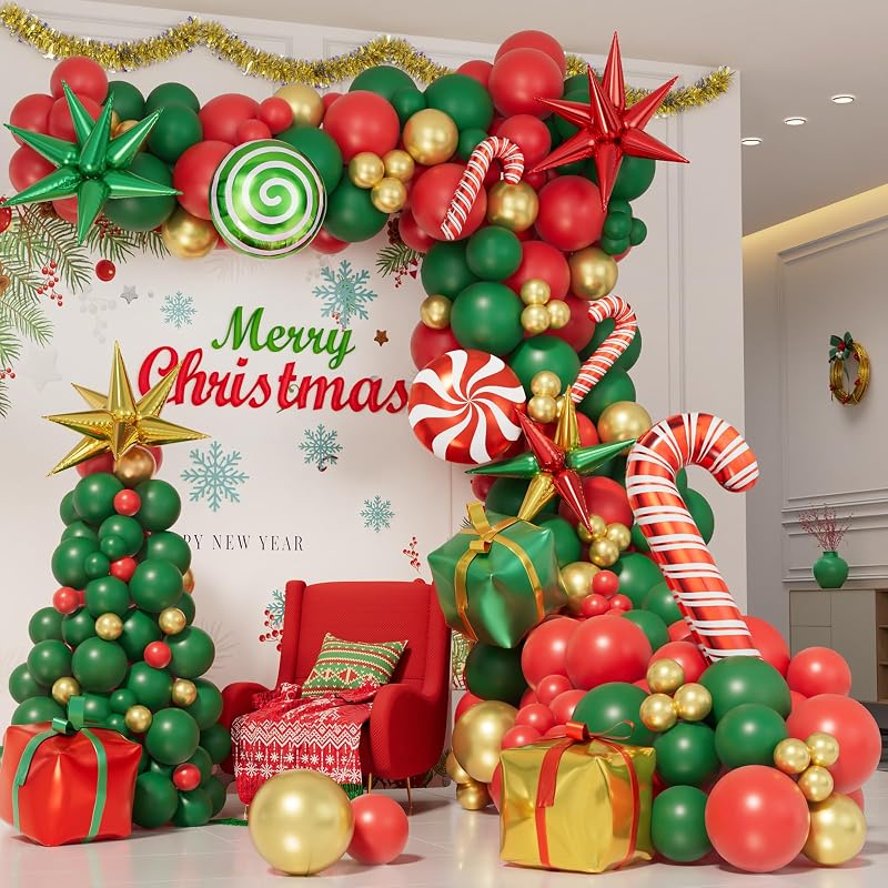 Christmas Balloon Garland Arch Kit - Red, Green & Gold Party Decor