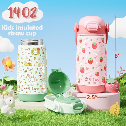 Fimibuke Kids Insulated Water Bottle - 14oz BPA-Free Stainless Steel Tumbler with Straw Lid & Handle