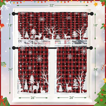 Christmas Kitchen Curtains Tier Set - Red Plaid, 3 Pieces (Valance + 2 Panels) - Variation: Christmas Red Plaid