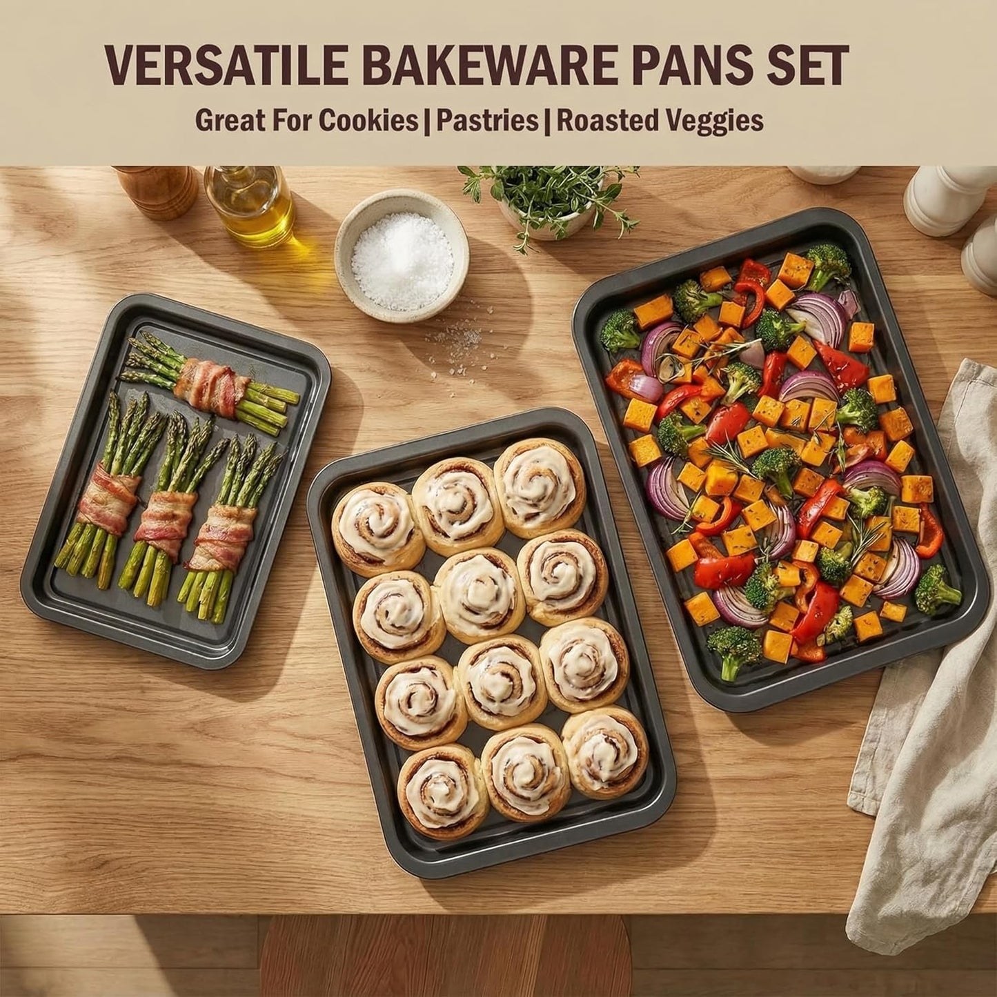 Skiennix Nonstick Baking Sheet Pan Set of 3 - Stackable, Rust & Warp Resistant, Easy Clean Black