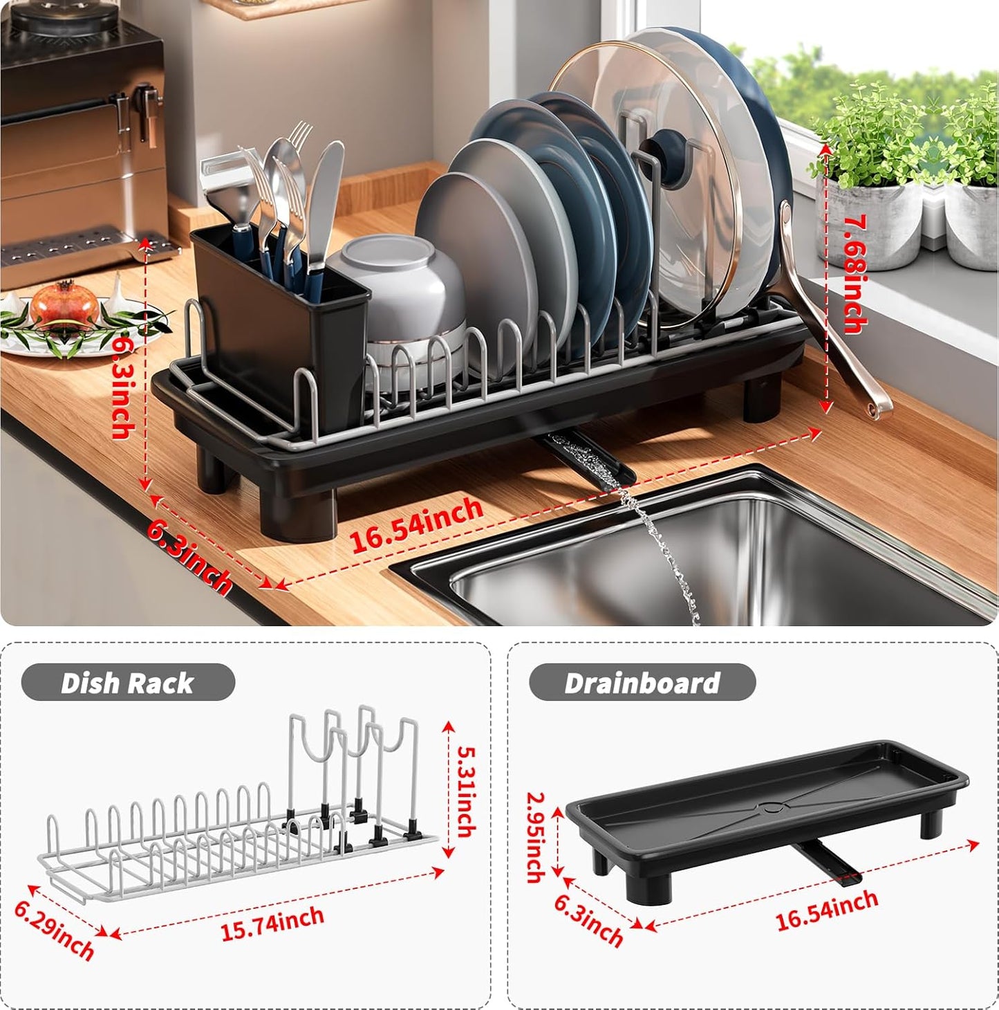 SanDream Dish Drying Rack - Stainless Steel with Removable Utensil Holder & Anti-Scratch Base | Space-Saving Design, Black