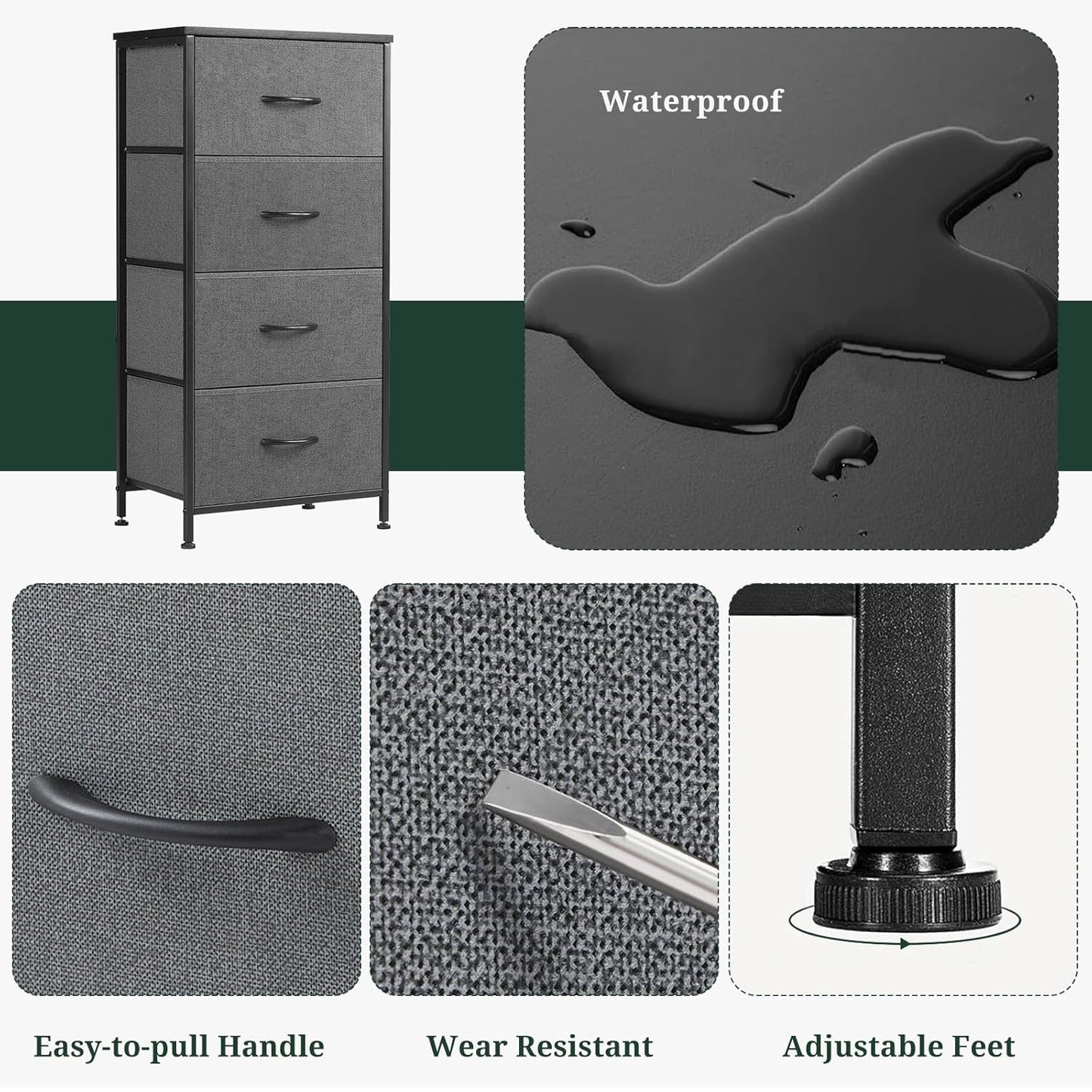 Regine Switzerland 4-Drawer Nightstand - Stylish Gray Bedside Table with Wooden Top & Fabric Bins