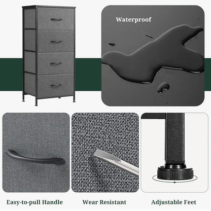 Regine Switzerland 4-Drawer Nightstand - Stylish Gray Bedside Table with Wooden Top & Fabric Bins