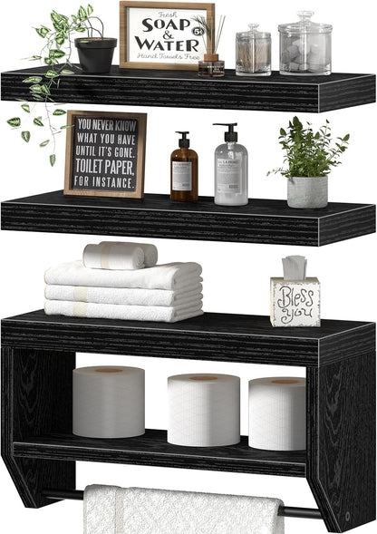 QEEIG Floating Bathroom Shelves - Stylish Wall Storage for Toilet Paper | Set of 3, 16-Inch, Black