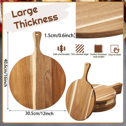 Sliner 6 Pcs Acacia Wood Cutting Board Bulk 0.6 Inch Thick Round Charcuterie Board with Handle Large Wooden Chopping Paddle for Cutting Pizza Cheese Meat Fruit(12 x 16 Inch)