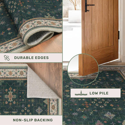 Oushak Dark Green 3x6 Kitchen Rug - Modern Vintage Boho Floral Design, Washable Non-Slip Area Rug for Entryway & Bedroom
