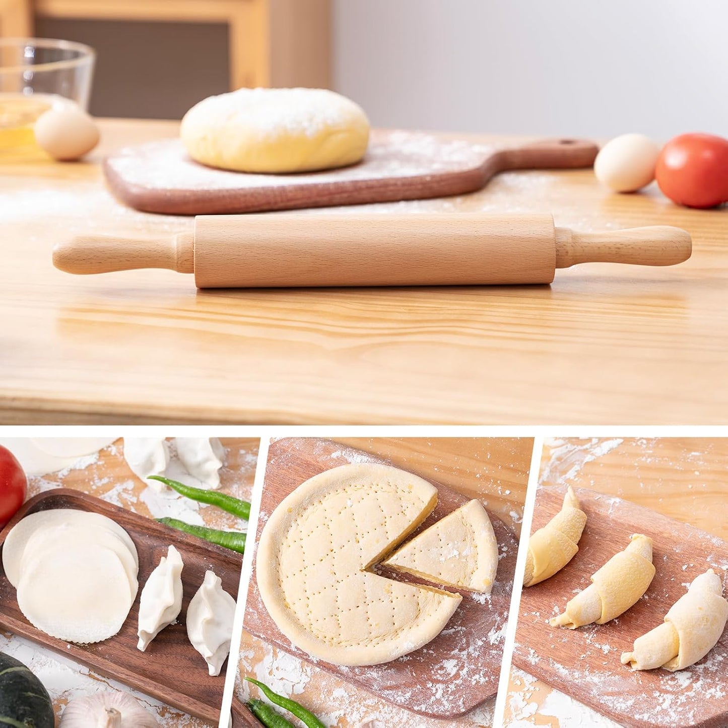 AISOSO Wooden Rolling Pin - 15.75 Inches Nonstick Dough Roller with Handles | Classic Light Yellow Baking Essential
