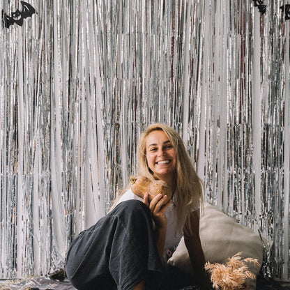 Skiennix Silver Foil Curtain Backdrop - 20 Pack Metallic Tinsel Fringe | 3.2ft x 8.2ft for Parties & Photo Booths