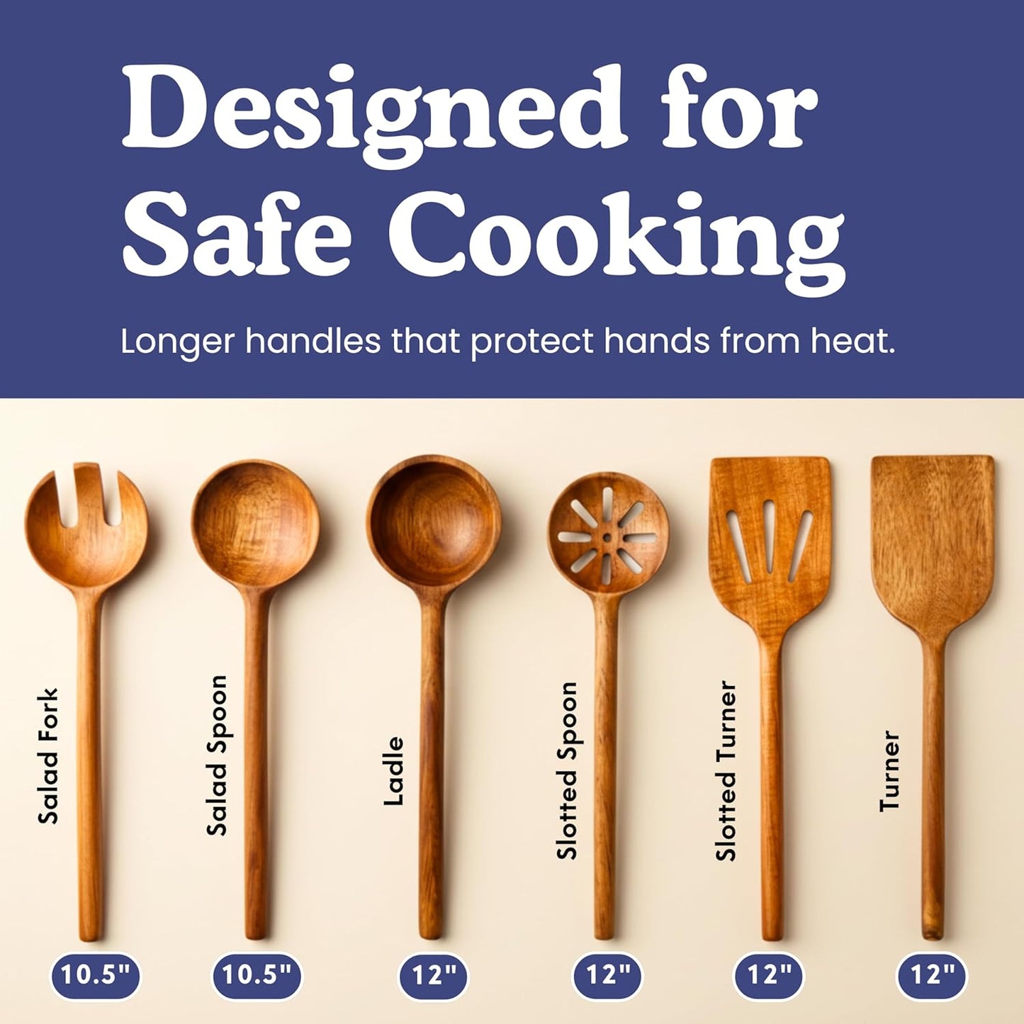 Non-Toxic Cooking Utensils - 6-Piece Wooden Utensil Set | Glue-Free, Natural Finish, Safe for Your Kitchen