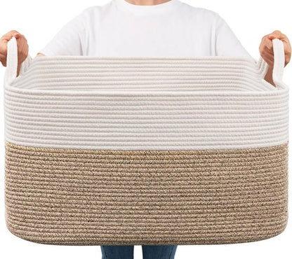 Goodpick Large Woven Blanket Basket - 21.6" x 14.9" x 11.8" Cotton Rope Storage for Living Room & Bedroom - White & Brown