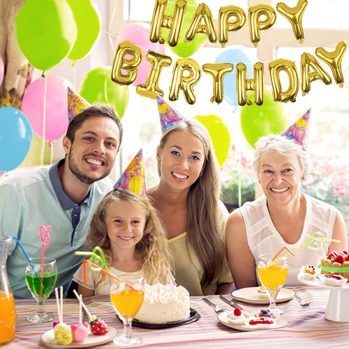 Gold Happy Birthday Balloons Banner - 16 Inch Mylar Foil Letters | Reusable Party Decor for All Ages