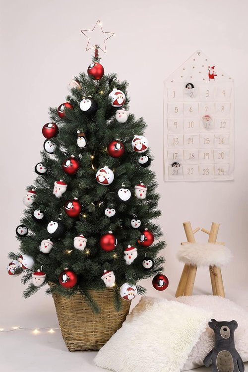 DN DECONATION Black and White Christmas Ornament - Cute Hand-Painted Santa Ball for Tree | Red Glass Decoration