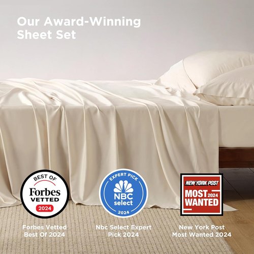 Bedsure Queen Sheet Set, Rayon Derived from Bamboo, Cooling Sheets, PureWoven, Breathable & Soft, Deep Pocket Up to 16", Hotel Luxury Silky Bedding for Hot Sleepers, Light Beige