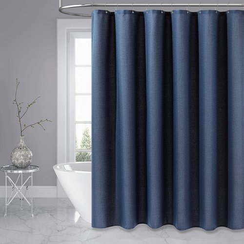 Dynamene Extra Wide Shower Curtain-108 Inch Wide Waffle Weave Weighted Thick Cloth Bathroom Shower Curtain, Neutral Heavy Duty Hotel Bath Curtain Set with 18 Plastic Hooks,108x72, Navy Blue