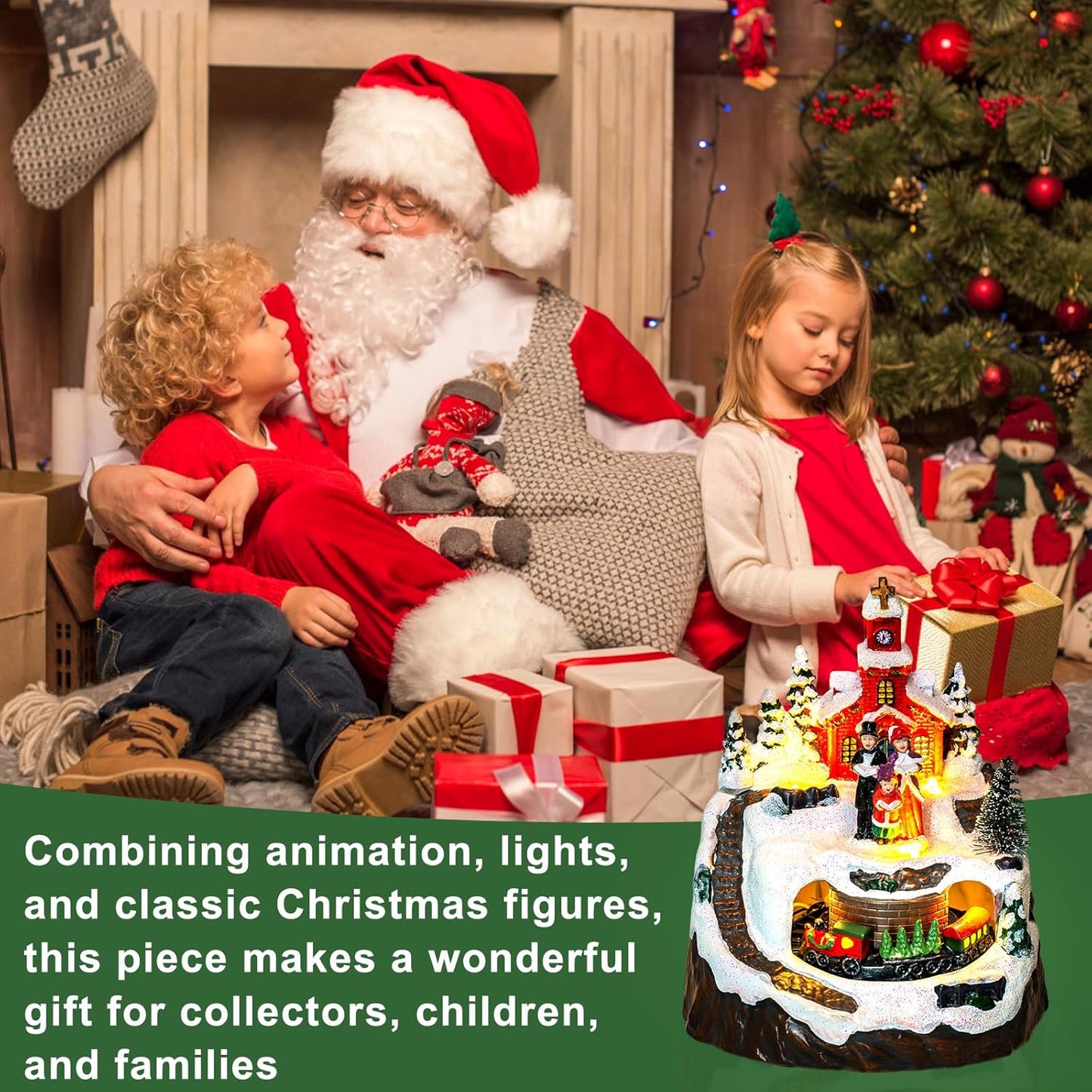 MXwcy Animated Christmas Village Decoration - Lighted Church Choir & Moving Train | Holiday Centerpiece