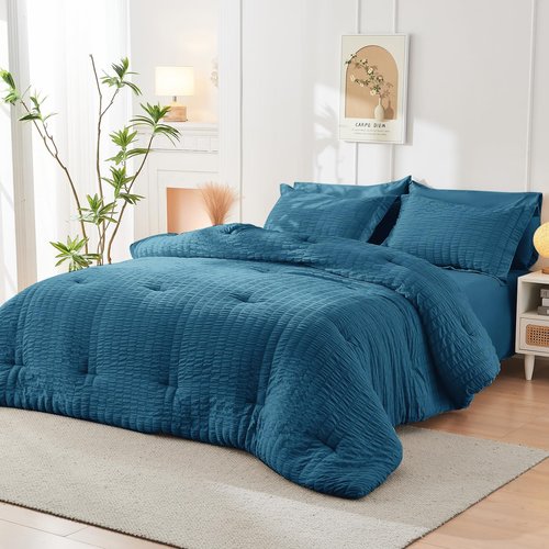 HYMOKEGE Teal King Size Comforter Set Seersucker 7 Pieces, All Season Luxury Bed in a Bag for Bedroom, Bedding Set with Comforters, Sheets, Pillowcases & Shams