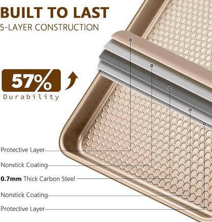 Wildone Baking Sheet Pan Set - Nonstick Honeycomb Embossed Cookie Sheets | 15x10 In, Champagne Gold, 2 Pack