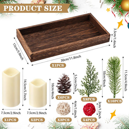 Tioncy Christmas Table Centerpiece - Rustic Wood Box Tray with Artificial Pine Picks & Candles | Holiday Decor