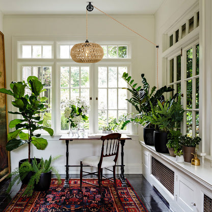 Rattan Plug in Pendant Light with LED Bulb&Pulley, Boho Hanging Lights with Plug in Cord 15ft, Wicker Woven Chandelier Light Fixtures with Dimmer Switch for Bedroom Living Dinning Room Kitchen