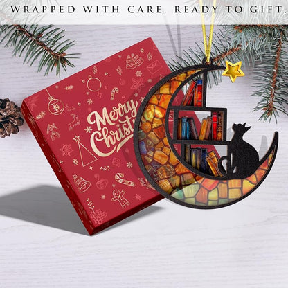 Moon Book Ornament – Stained-Glass Wood & Acrylic Cat & Book Holiday Decoration (Variation: Moon Book)