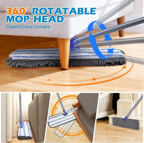Masthome Flat Dust Mop - 2-Sided Microfiber Mop with 4 Reusable Pads for Wet & Dry Cleaning | Ideal for Hardwood, Tile, Vinyl