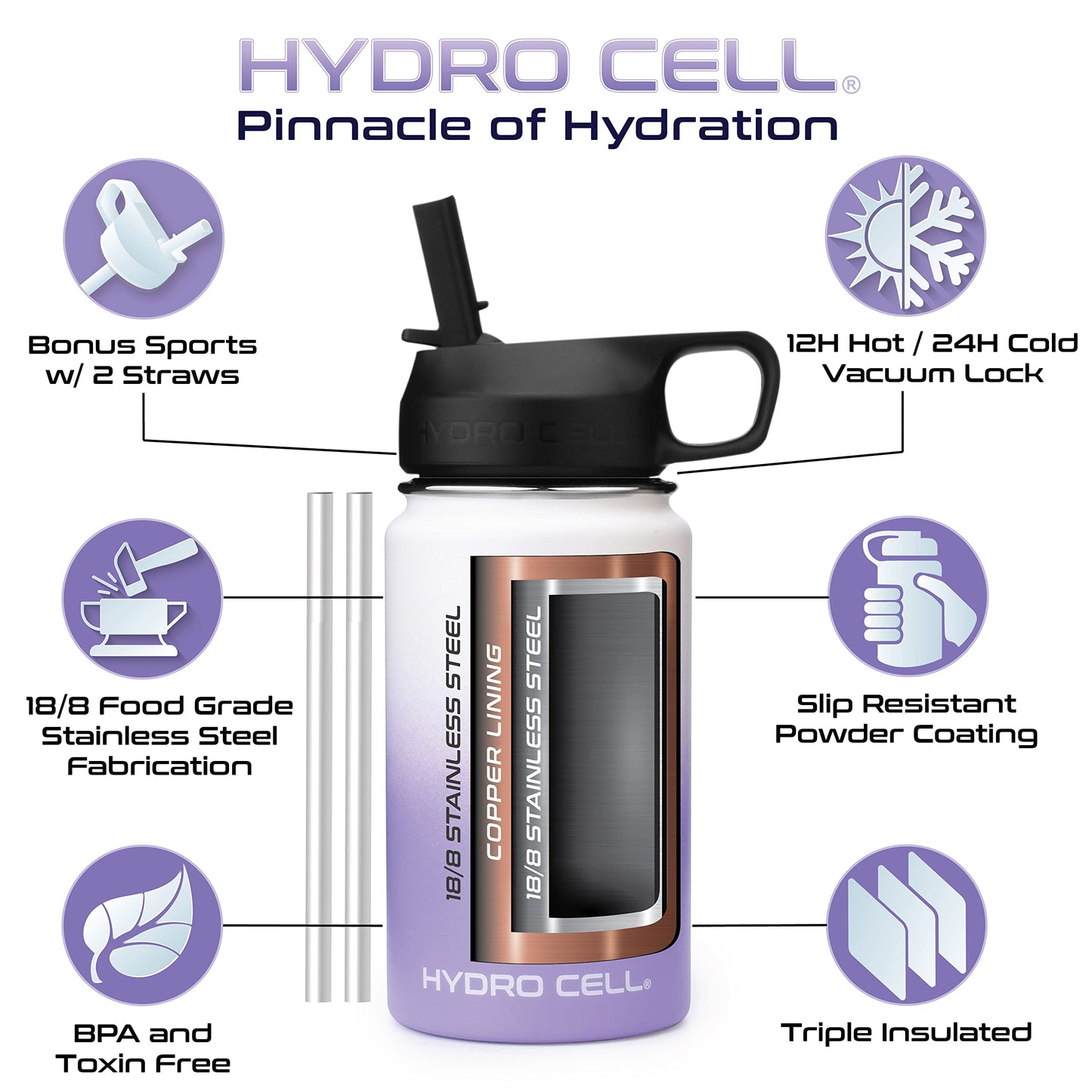 HYDRO CELL Stainless Steel Insulated Water Bottle with Straw - For Cold & Hot Drinks - Metal Vacuum Flask with Screw Cap and Modern Leakproof Sport Thermos for Kids & Adults (Lavender/White 14oz)