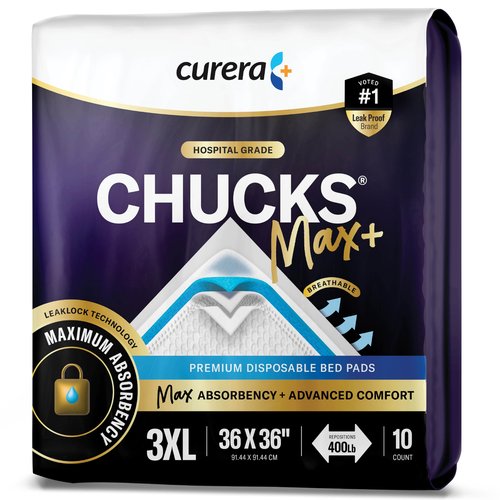 Chucks® MAX+ Hospital Bed Pads Disposable Adult 36 x 36 Incontinence Pads - XXX-Large Pee Pads for Elderly Adults. Extra Heavy Duty Absorbency, Breathable Soft Padded Repositioning Underpads 10-Pack