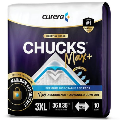 Chucks® MAX+ Hospital Bed Pads Disposable Adult 36 x 36 Incontinence Pads - XXX-Large Pee Pads for Elderly Adults. Extra Heavy Duty Absorbency, Breathable Soft Padded Repositioning Underpads 10-Pack