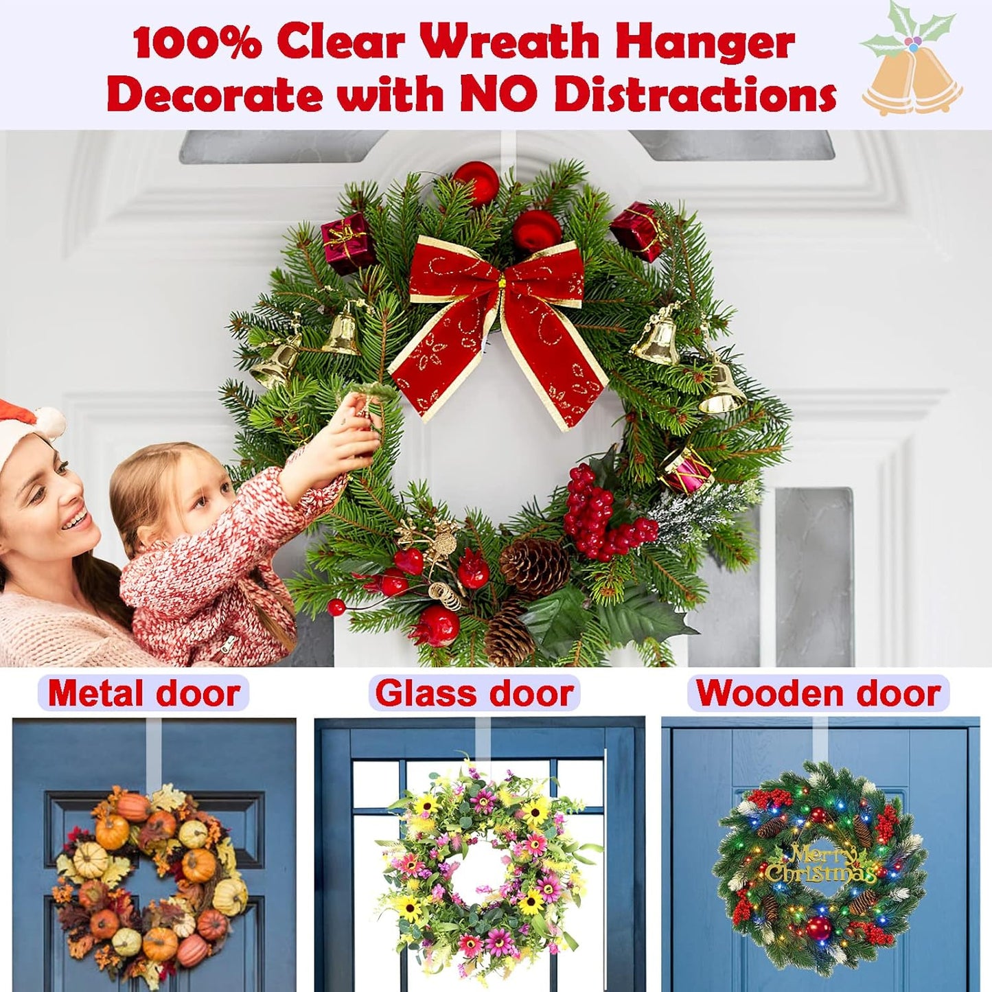 Skiennix Wreath Hanger - 12” Clear Over The Door Hooks for Easter & Christmas Decor | 2 Pack Non-Scratch Holders