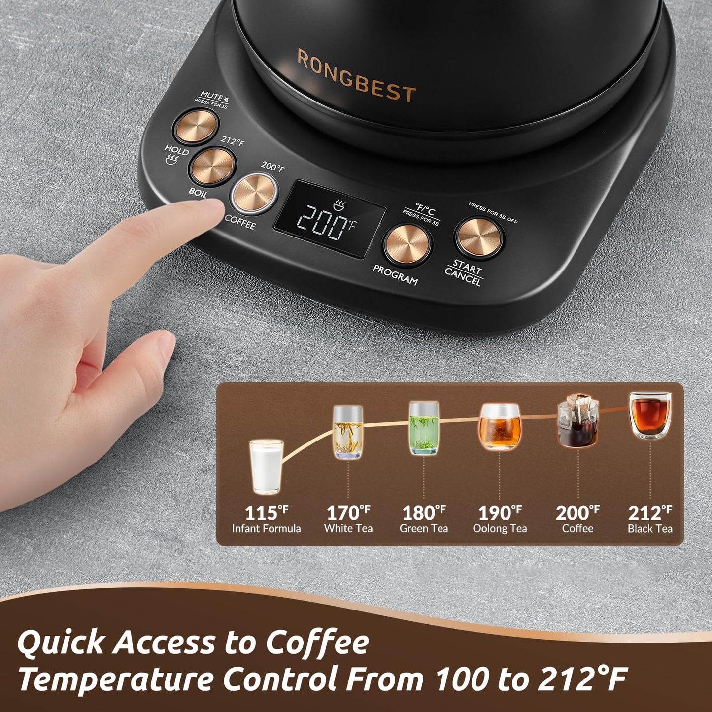 RONGBEST Electric Gooseneck Kettle, 1200W, 6 Temperature Settings, Stainless Steel Inner Lid & Bottom, 1L Quick Heating Pour Over Kettle for Coffee & Tea, Matte Black