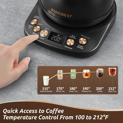 RONGBEST Electric Gooseneck Kettle, 1200W, 6 Temperature Settings, Stainless Steel Inner Lid & Bottom, 1L Quick Heating Pour Over Kettle for Coffee & Tea, Matte Black