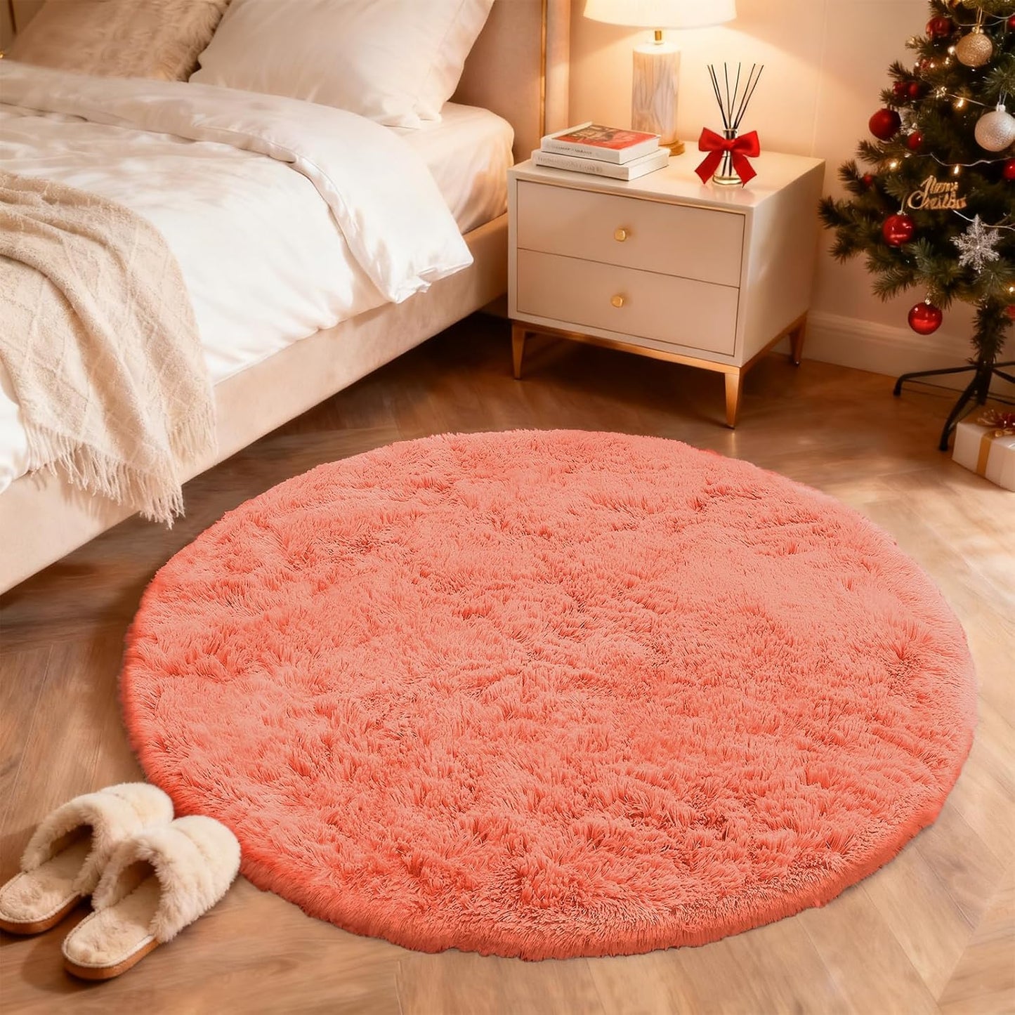 OLANLY Round Coral Red Area Rug - Soft, Fluffy, Machine Washable 4 ft Circle Carpet for Bedroom & Living Room Decor