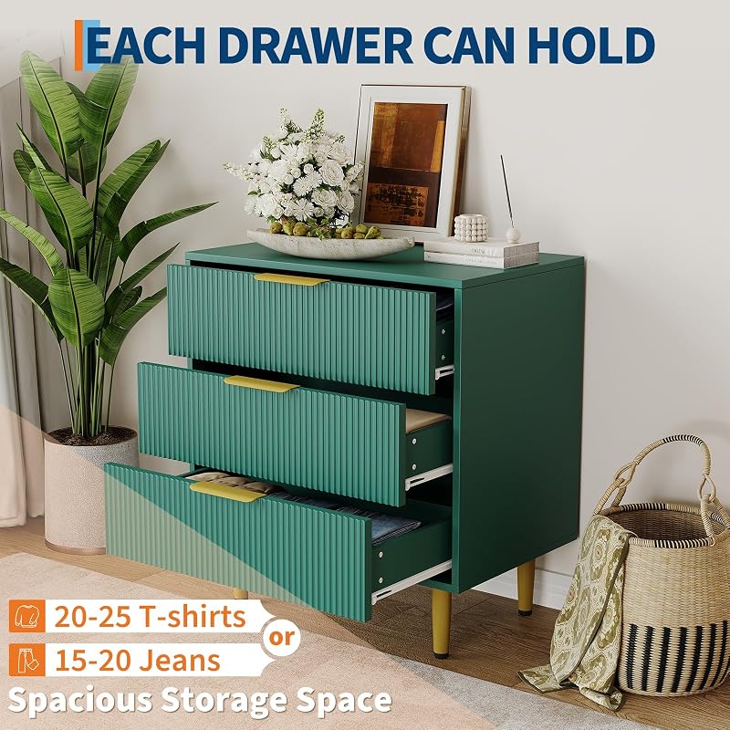 3-Drawer Storage Chest with Vertical Groove Panels and Tapered Metal Legs - Green, 28" × 16.9" × 29.9"