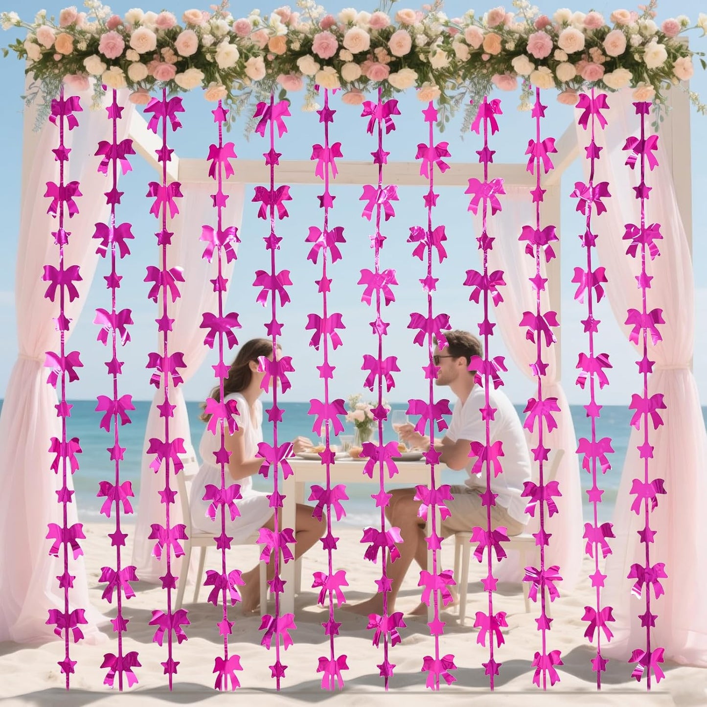 Menstarsi Bow Party Decorations - Hot Pink Foil Fringe Curtains | 2 Pack, 3.3 X 6.6 Ft Backdrop for Birthdays & Bachelorette Parties