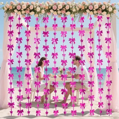 Menstarsi Bow Party Decorations - Hot Pink Foil Fringe Curtains | 2 Pack, 3.3 X 6.6 Ft Backdrop for Birthdays & Bachelorette Parties