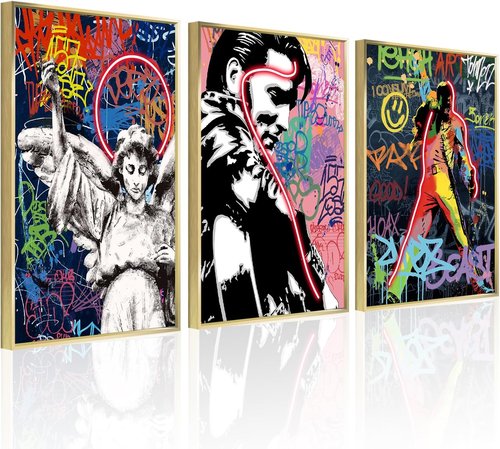 JIMUJIA Graffiti Canvas Prints Set of 3 - Colorful Urban Art with Gold Frame | 12"x16" for Home Décor