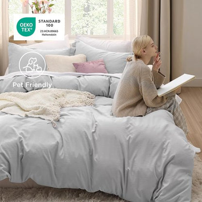Bedsure King Size Duvet Cover Set - Extra Soft Light Grey 3-Piece Bedding with Zipper Closure & Pillow Shams
