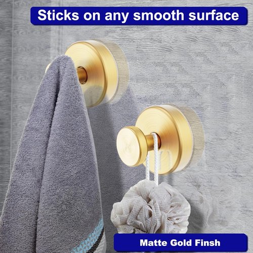 Bntuk Suction Cup Hooks - Removable Towel Hooks for Bathroom & Shower | 4 Pack, Gold Finish